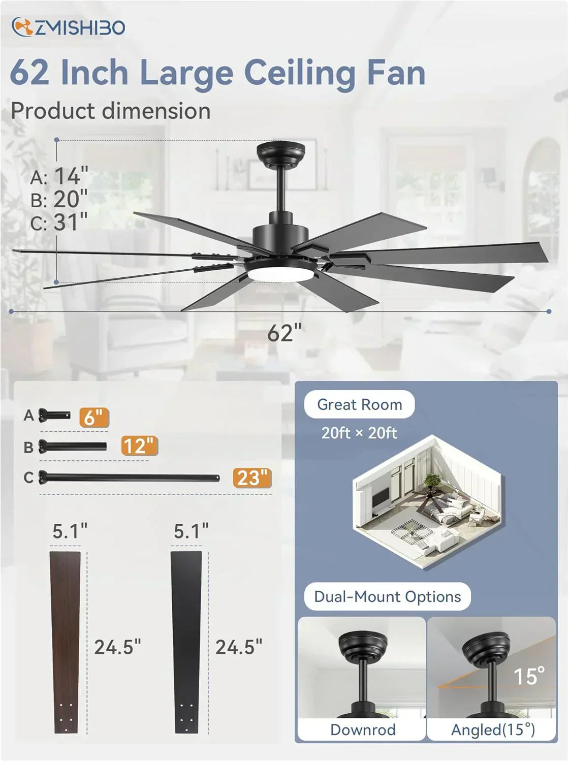 Zmishibo 72-inch large ceiling fan with lighting and remote indoor/outdoor