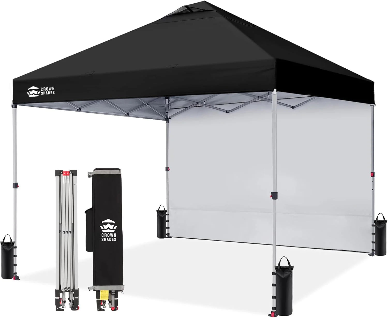 CROWN SHADES 10x10 Pop Up Canopy with 1 Side Wall - Beach Tent with One Push Setup - Outdoor Sun Shade for Events, Parties, Camping - Gazebo with STO-N-Go Cover Bag (White)