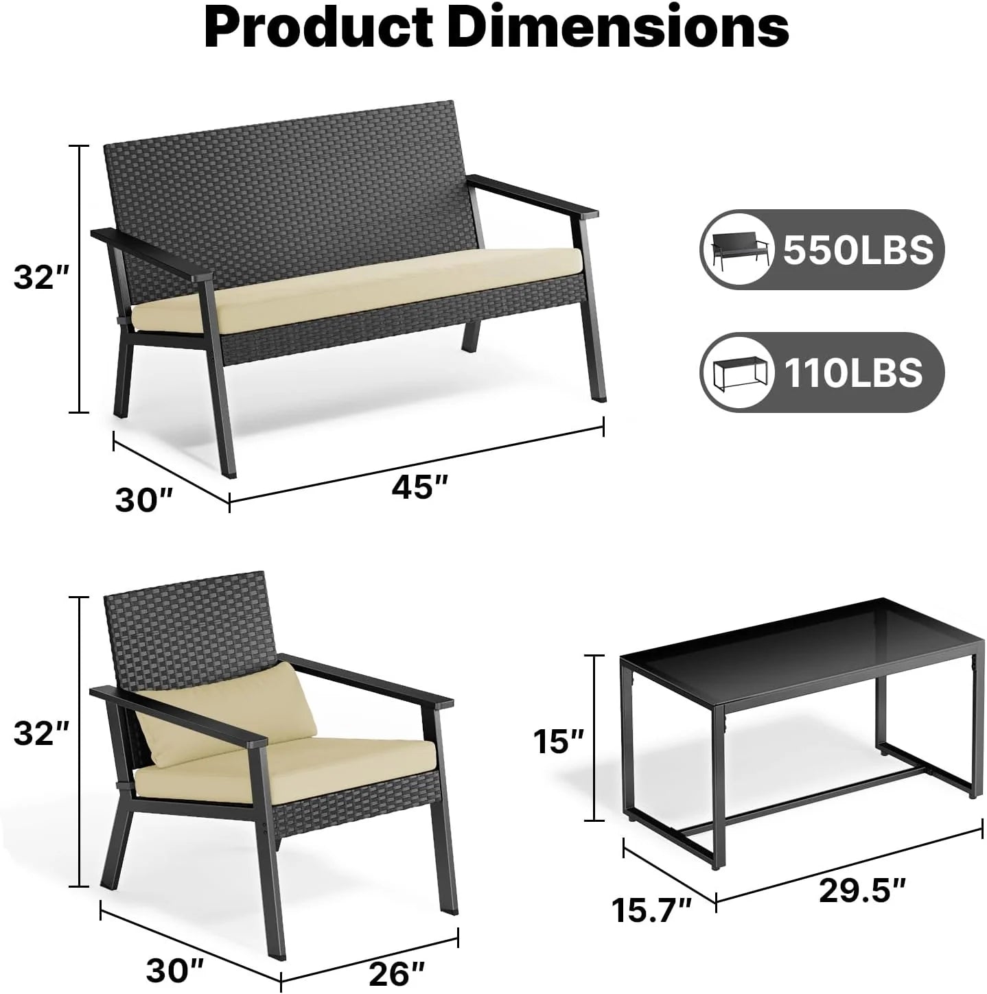 Ahomly 4-Piece Outdoor Wicker Patio Furniture Set with Deep Seating Cushions and Table for Balcony, Backyard, and Porch (Gray)