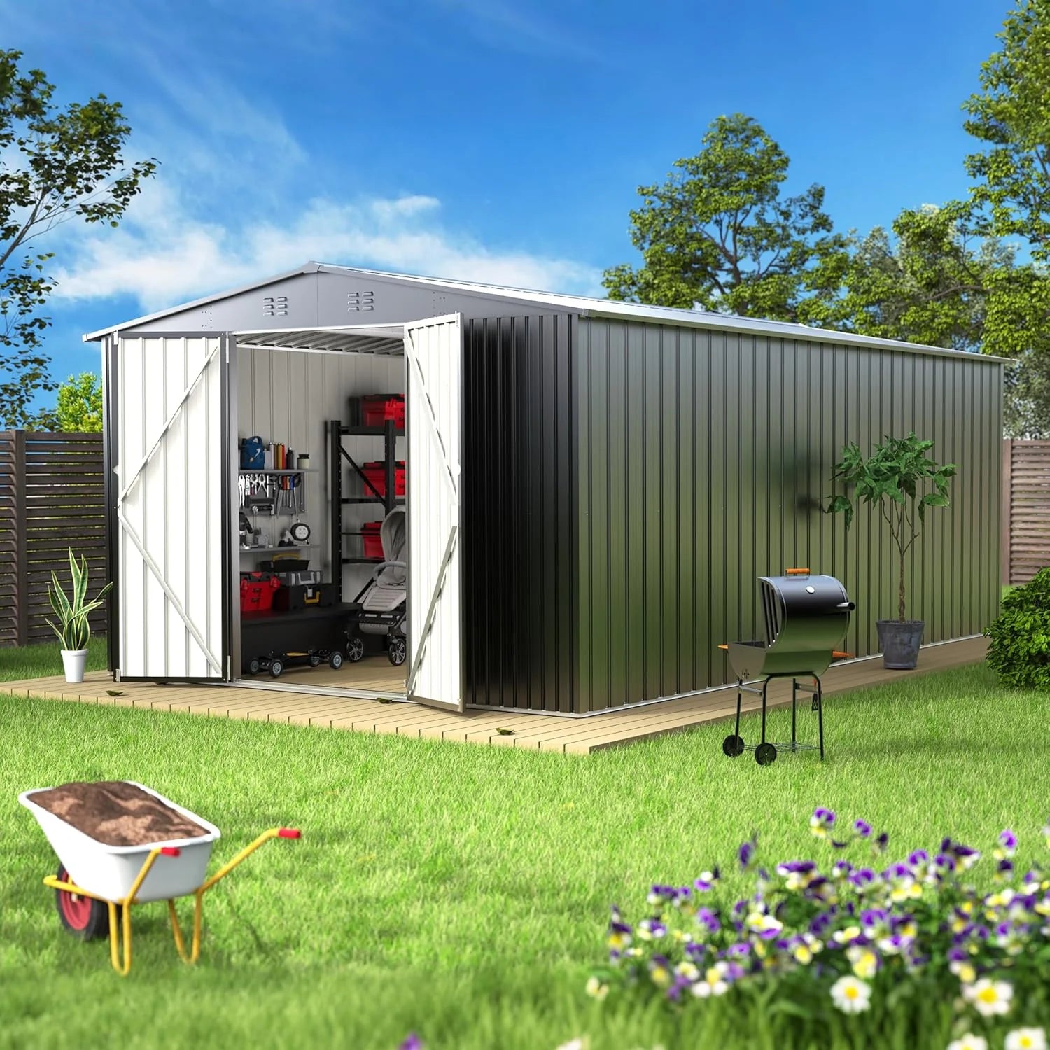 EASYHAWK 14 x 12FT Outdoor Storage Shed Metal Waterproof Storage Shed Steel Utility Garden