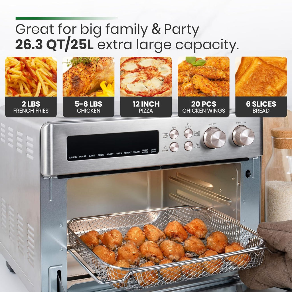 Infrared Heating Air Fryer Toaster Oven, Extra Large Countertop Convection Oven 10-in-1 Combo, 6-Slice Toast, Enamel Baking Pan Easy Clean with Recipe Book, Black Matte Stainless Steel