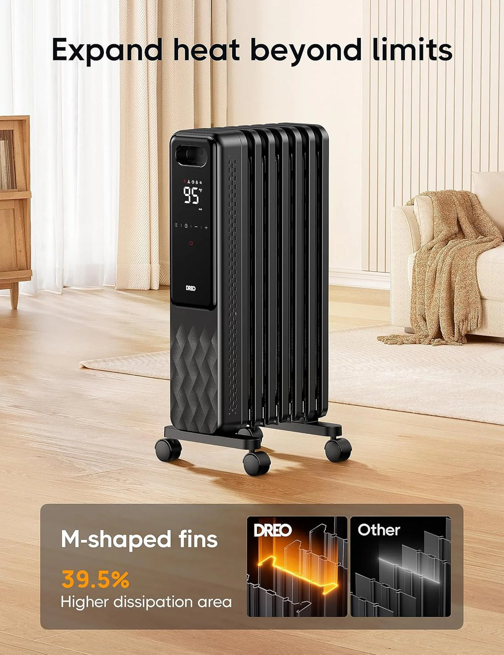 Dreo Oil Filled Radiator, Electric Radiant Heaters for indoor use Large Room with Remote Control, Child Lock, 4 Modes, Overheat & Tip-Over Protection, 24h Timer, Digital Thermostat, Quiet, 1500W