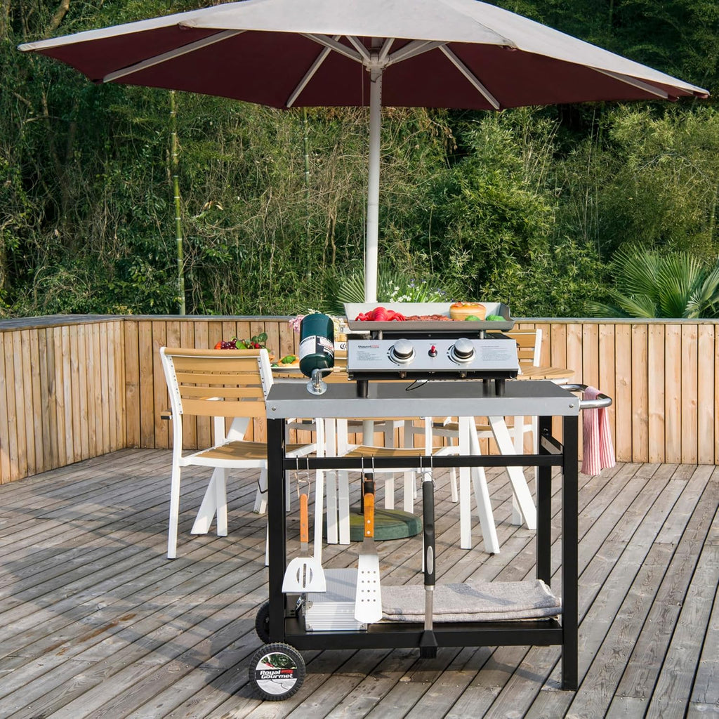 Royal Gourmet Dining Cart Table with Double-Shelf Movable Stainless Steel Flat Top Grill Cart