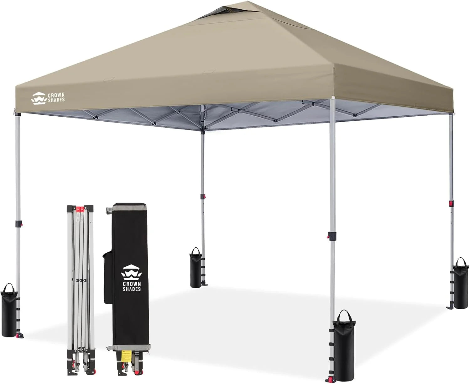 Crown Shades 10x10 Pop Up Canopy - Beach Tent with One Push Setup - Outdoor Sun Shade for Events, Parties, Camping - Gazebo with STO-N-Go Cover Bag, Silver Coated Top, 3 Height& 4 Sand Bags, Yellow