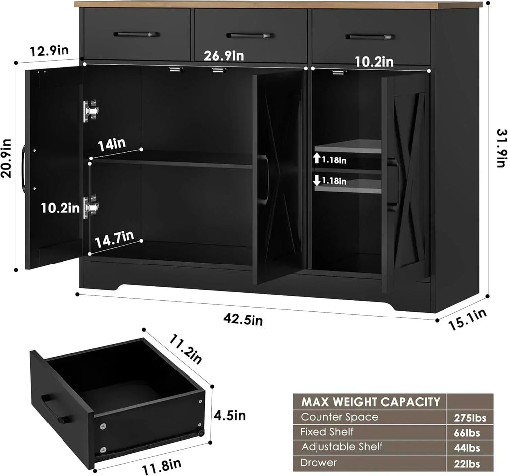 Modern farmhouse sideboard barn door buffet storage cabinet with drawers and shelves