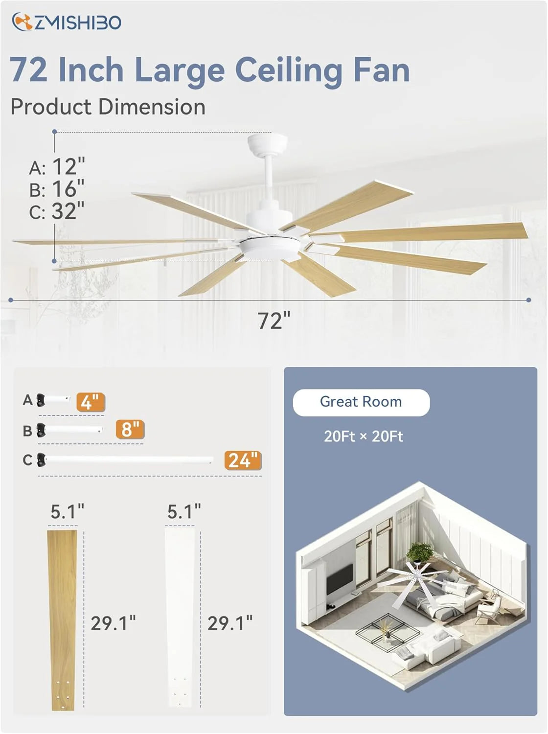 ZMISHIBO 72 inch Large Ceiling Fans with Lights and Remote, Indoor/Outdoor Black Modern Ceiling Fan for Kitchen Living Room Patio, 6 Speed Reversible Quiet DC Motor, 3 CCT, Dual Finish 8 Blades