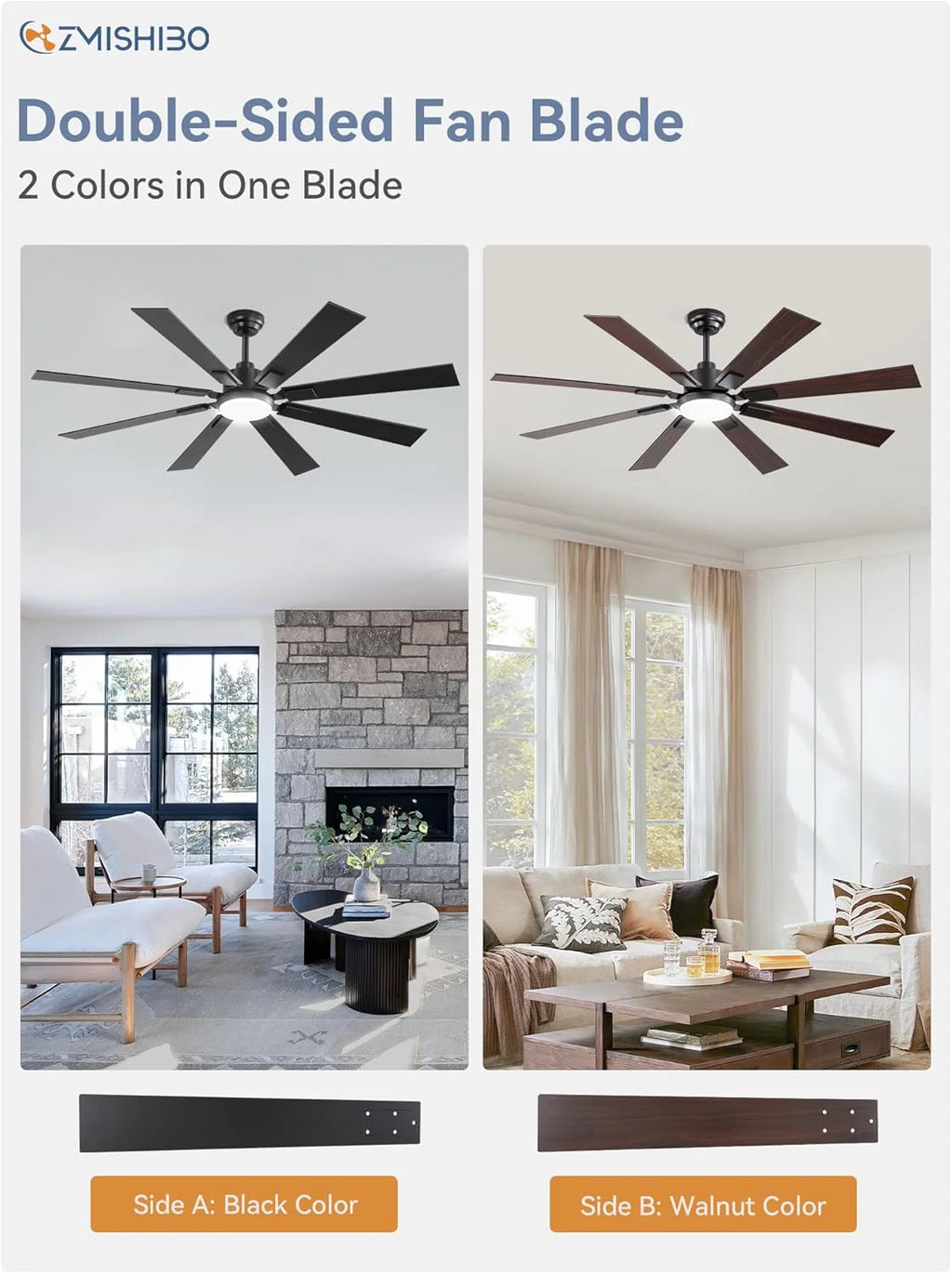 ZMISHIBO 72 inch Large Ceiling Fans with Lights and Remote, Indoor/Outdoor Black Modern Ceiling Fan for Kitchen Living Room Patio, 6 Speed Reversible Quiet DC Motor, 3 CCT, Dual Finish 8 Blades