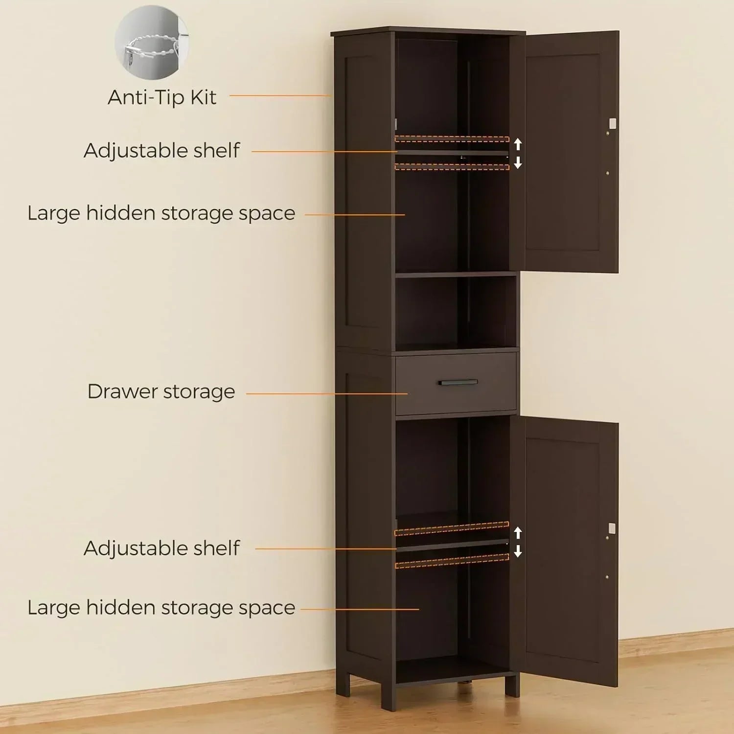 Homhedy 67 H Tall Bathroom Storage Cabinet with 2 Barn Doors and 1 Drawer Narrow Storage Unit