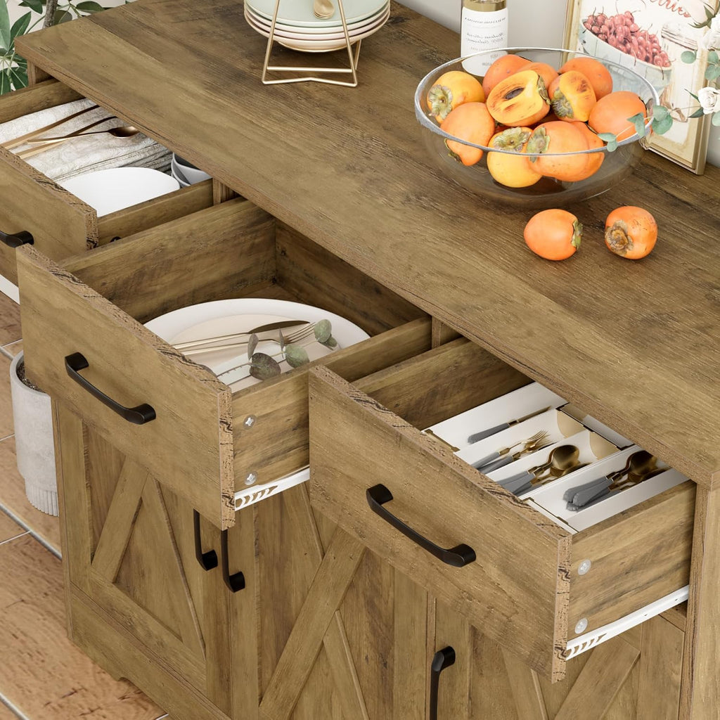 Modern farmhouse sideboard barn door buffet storage cabinet with drawers and shelves