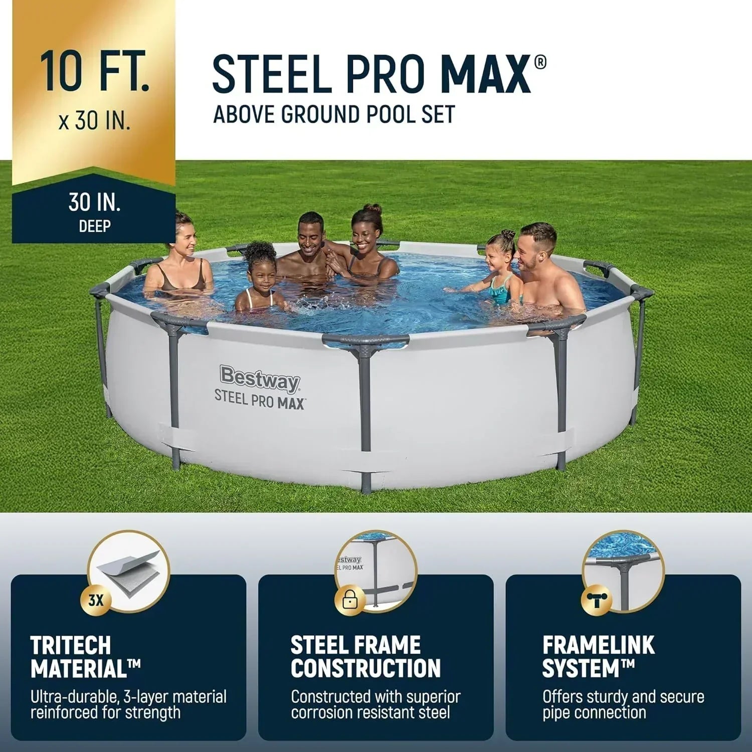 Steel Pro MAX 10 Foot x 30 Inch Round Metal Frame Above Ground Backyard Swimming Pool Set