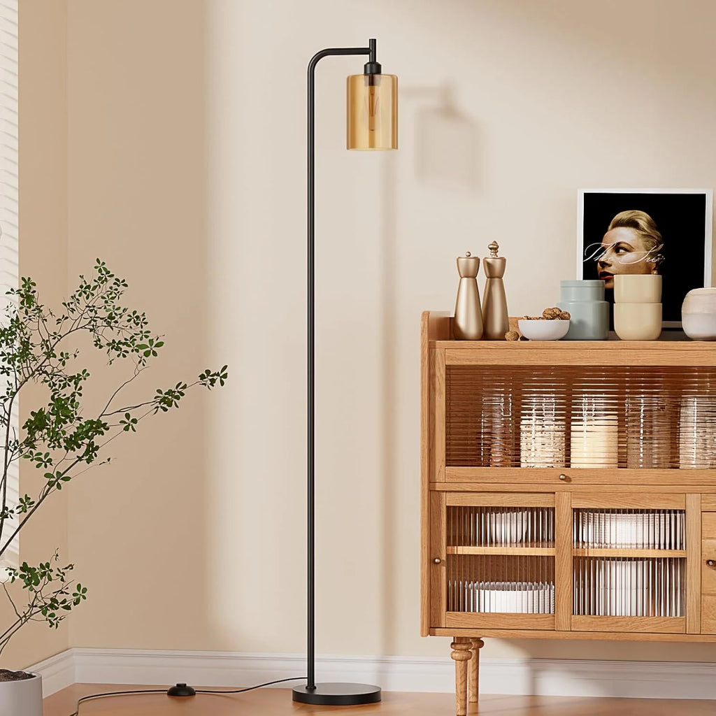 Modern Black Floor Lamp with Clear Glass Shade and LED Bulb