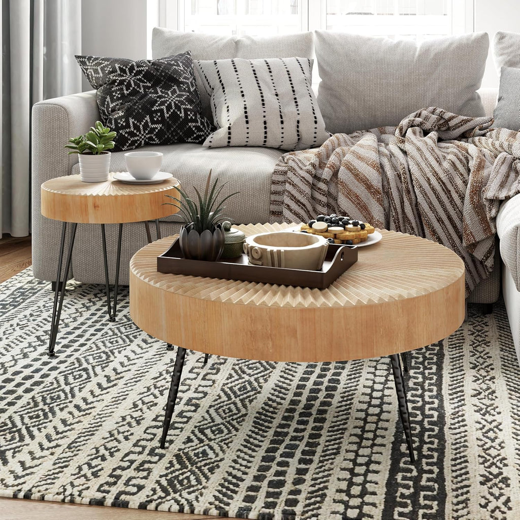 Two-Piece Modern Farmhouse Living Room Coffee Table Set Round Nesting Tables