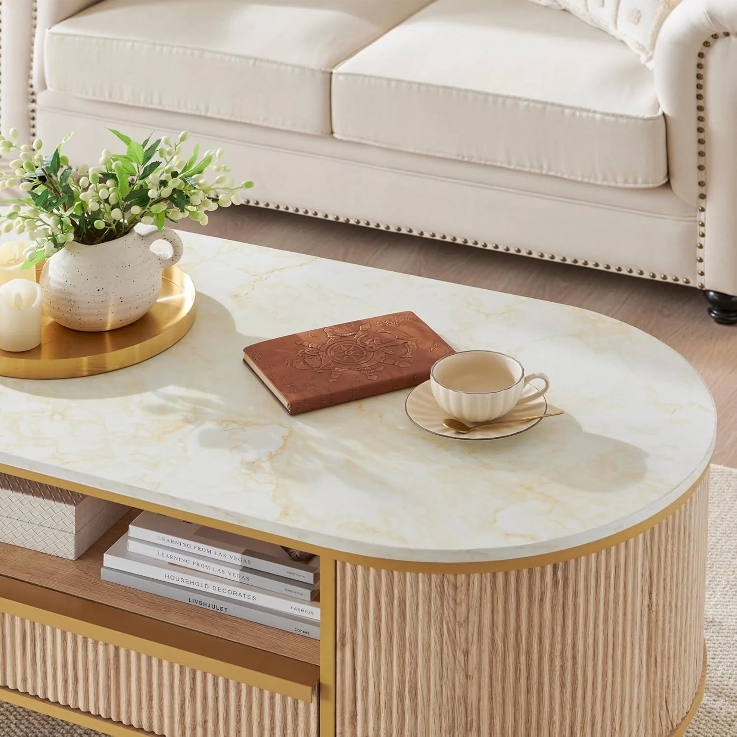 OKD Modern Luxury Grooved Coffee Table, 48 Inch Oval Coffee Table with Drawers, Imitation Marble Top, Curved Contour Design, Gold Metal Trim, Living Room Center Table