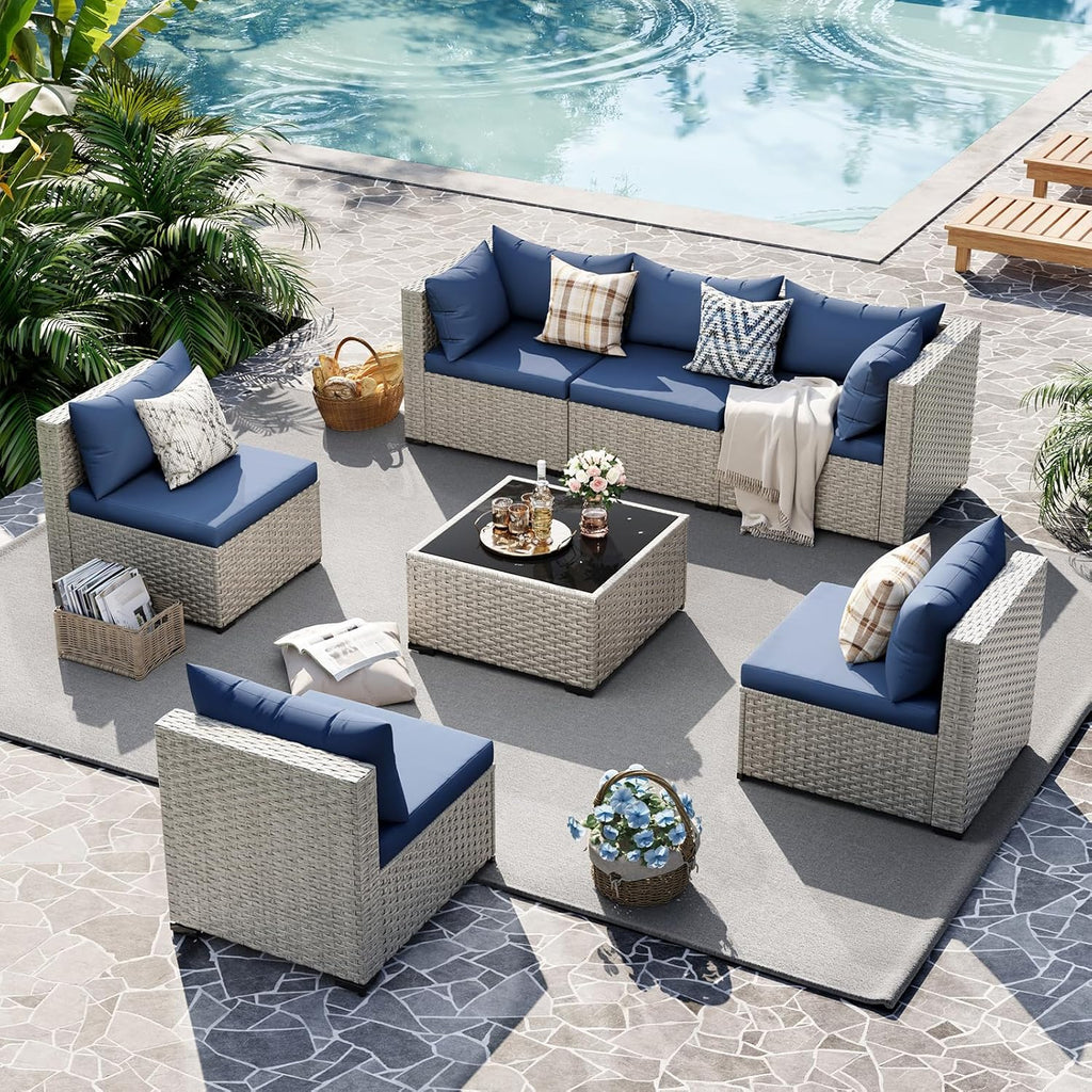 UDPATIO Outdoor Patio Furniture Set, 7-Piece PE Wicker Sectional Sofa with Tea Table, Outdoor Conversation Set for Patio, Garden, Backyard Green