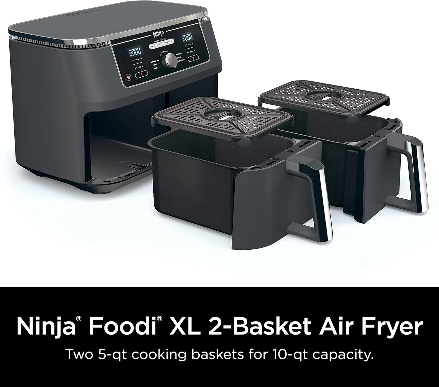 Ninja Foodi 10QT 6-in-1 DualZone Smart XL Air Fryer, 2 Independent 5QT Baskets, Smart Cook Thermometer, Match Cook, Smart Finish, Air Fry, Roast, Bake, Dehydrate, Reheat, Grey, DZ550