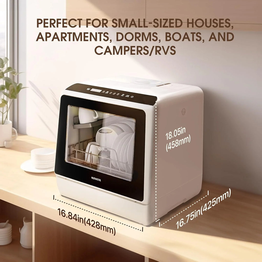 NOVETE Portable Countertop Dishwashers, Compact Dishwashers with 5L Built-in Water Tank & Inlet Hose