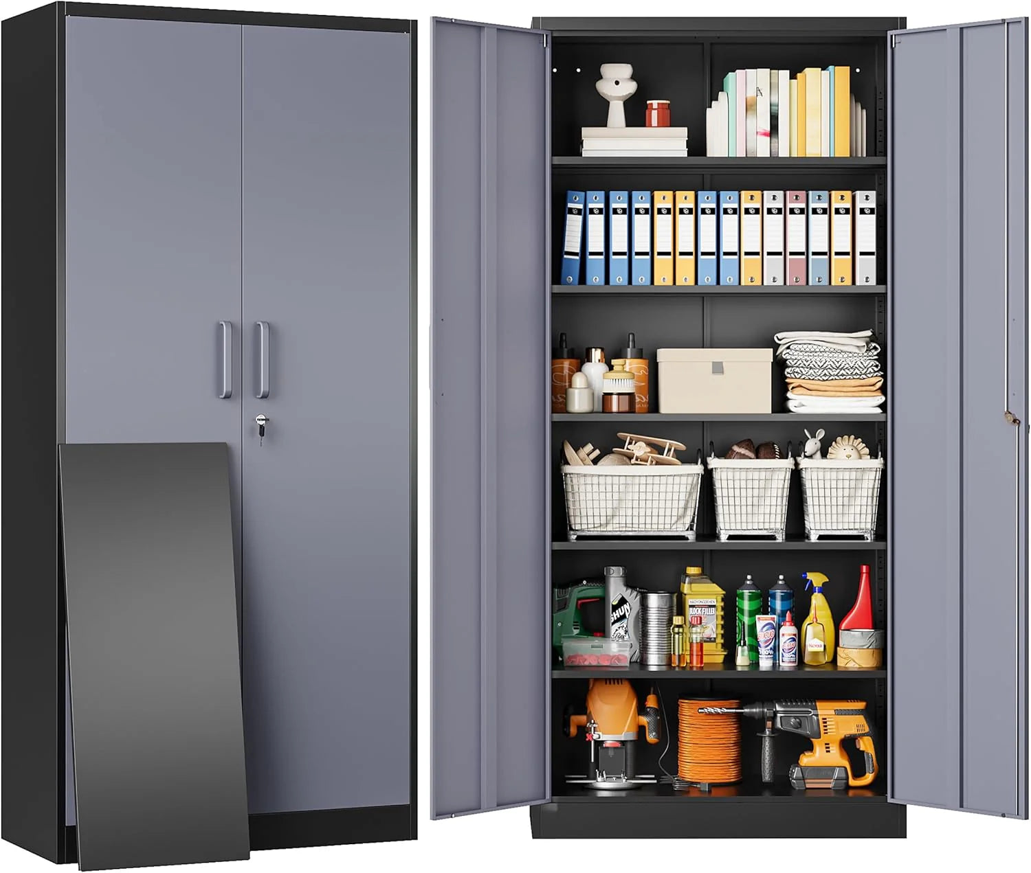 Metal Storage Cabinet with 2 Doors and 6 Shelves, Black Metal Cabinet with Lock, 71 Inch Lockable Garage Storage Cabinet