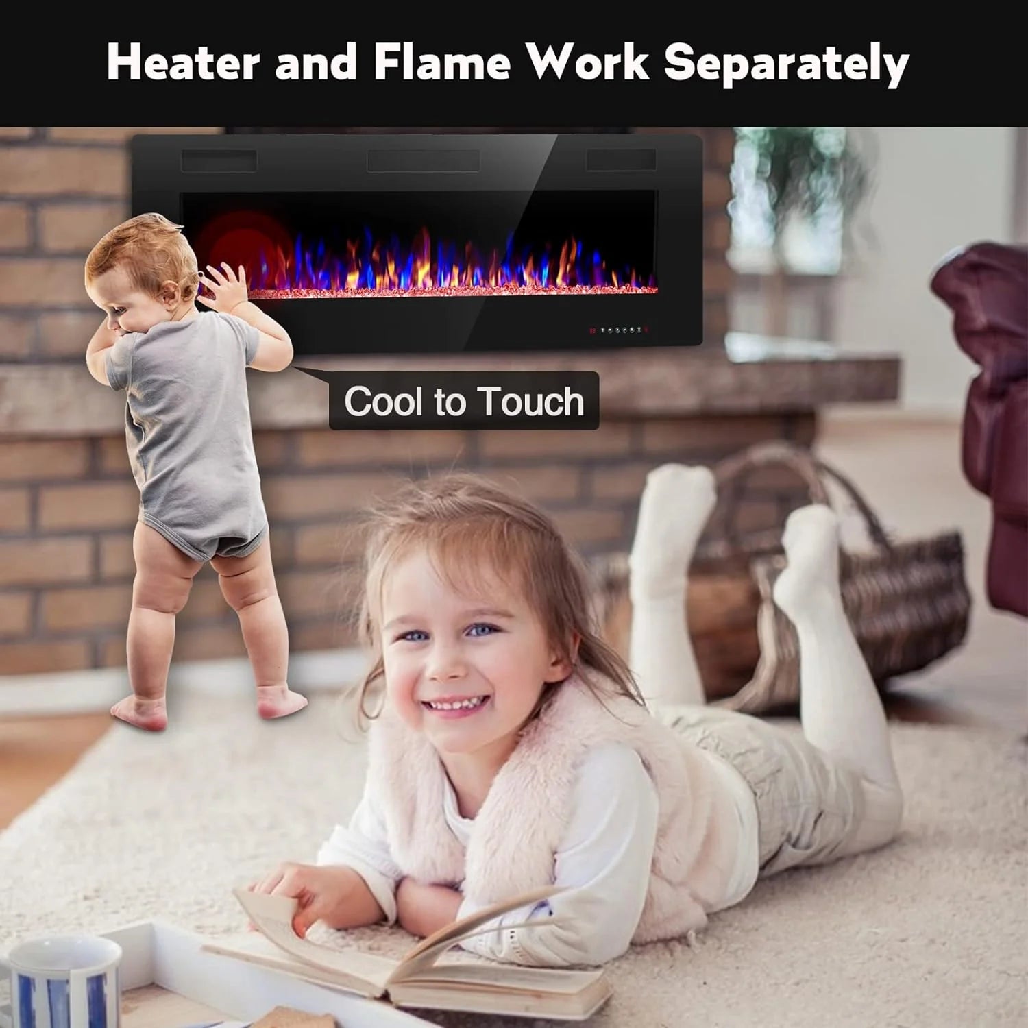 R.W.FLAME 60 Recessed and Wall Mounted Electric Fireplace, Low Noise, Fit for 2 x 6 Stud, Remote Control with Timer, Touch Screen, Adjustable Flame Color and Speed, 750-1500W
