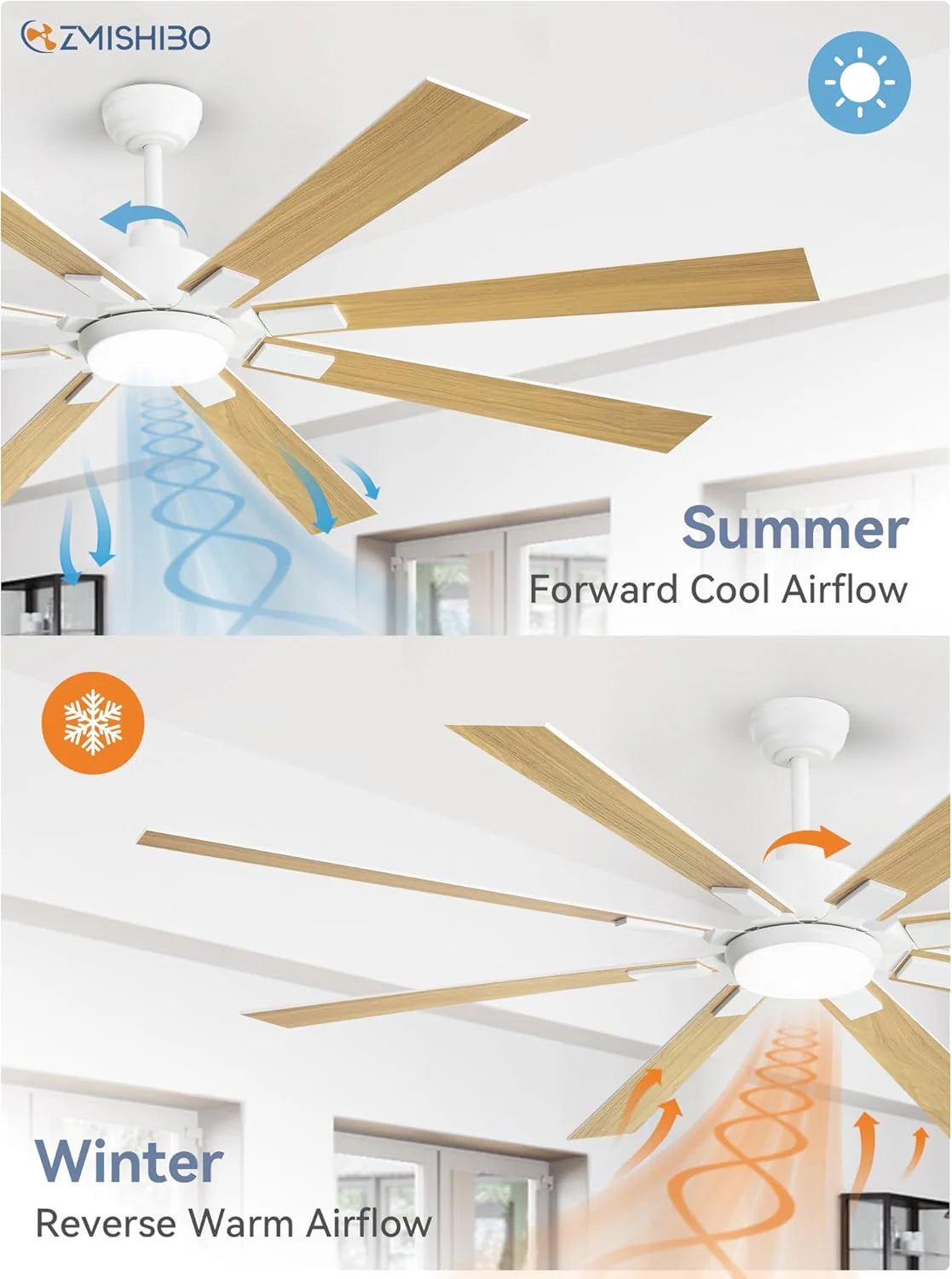 ZMISHIBO 72 inch Large Ceiling Fans with Lights and Remote, Indoor/Outdoor Black Modern Ceiling Fan for Kitchen Living Room Patio, 6 Speed Reversible Quiet DC Motor, 3 CCT, Dual Finish 8 Blades