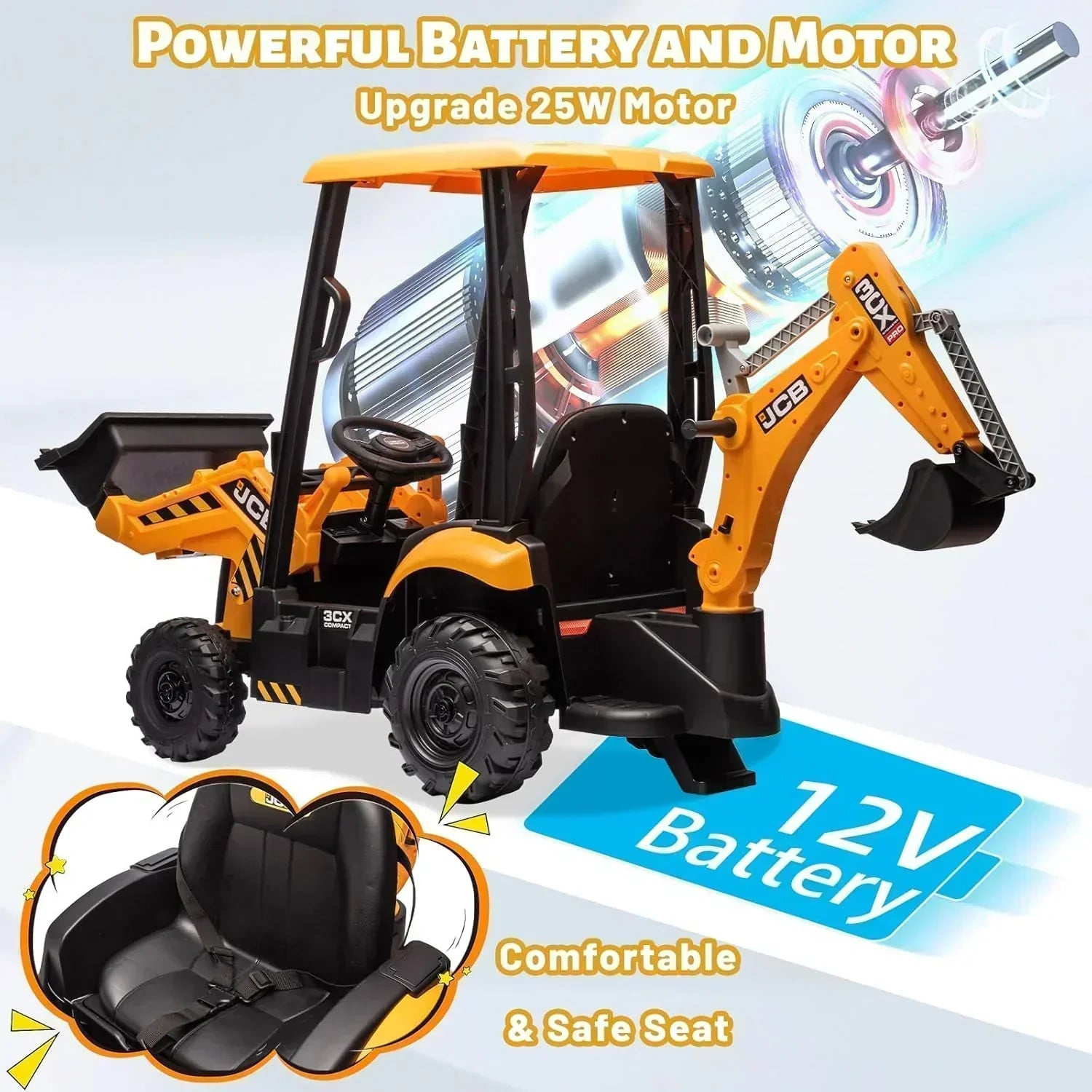 12V JCB Ride On Excavator Ride on Toys for Kids 4-8 Electric Car for Kids with Tractor