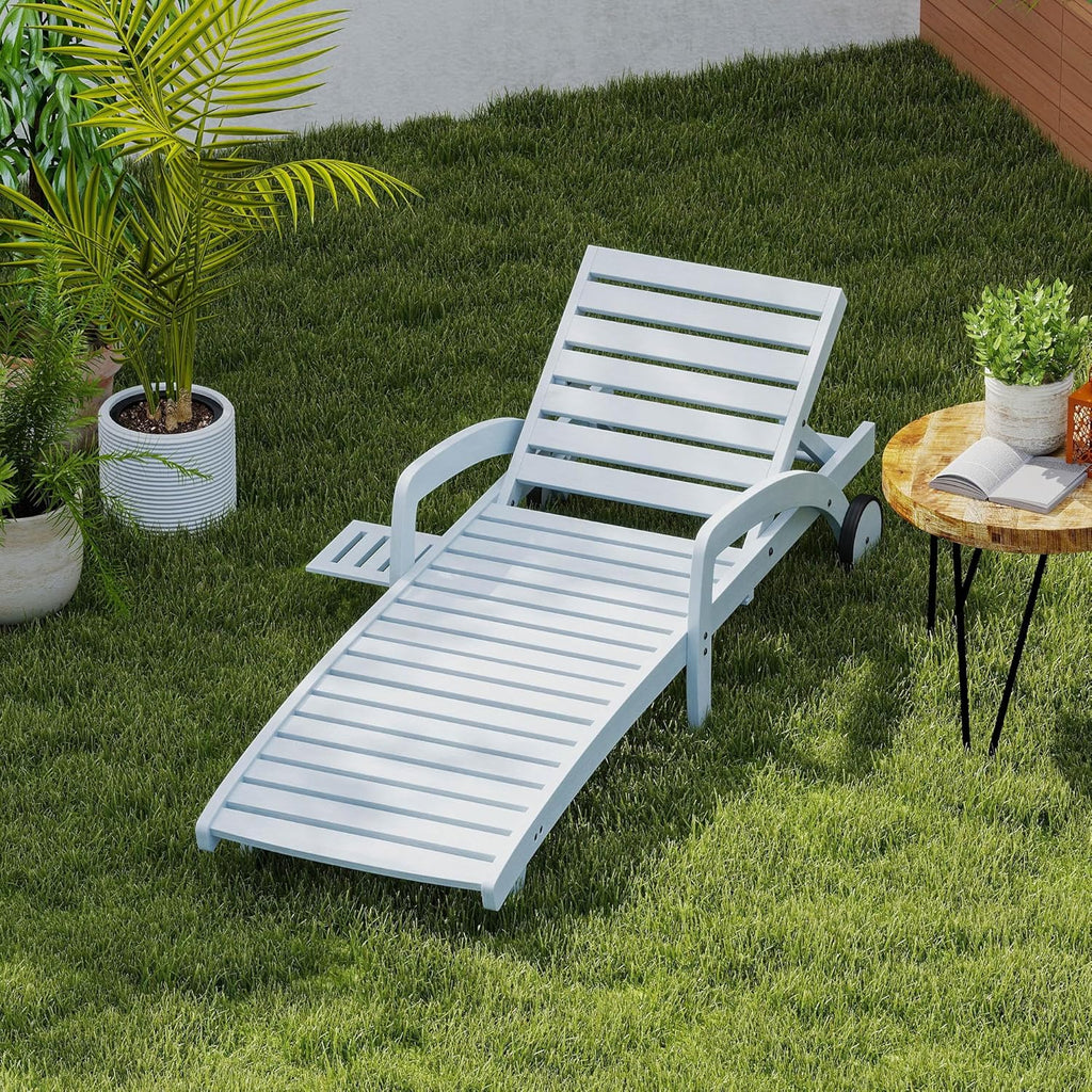 Pool Chaise Lounge Chairs Set of 4 5-Position Adjustable Outdoor Patio Lounge Chairs Wood Reclining Chaise Lounger Chair with Pullout Side Table