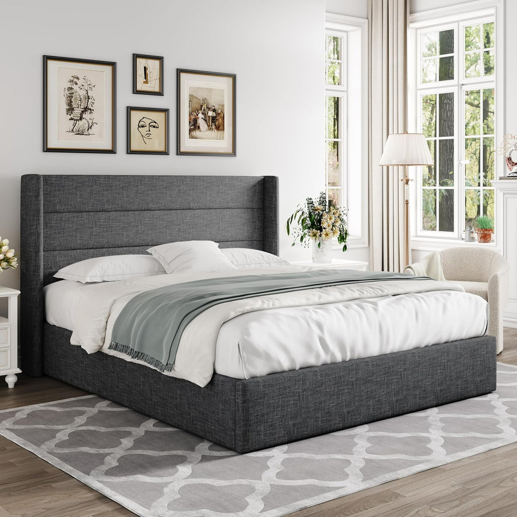 Allewie Queen Size Lift Up Storage Bed Modern Wingback Headboard Hydraulic Support