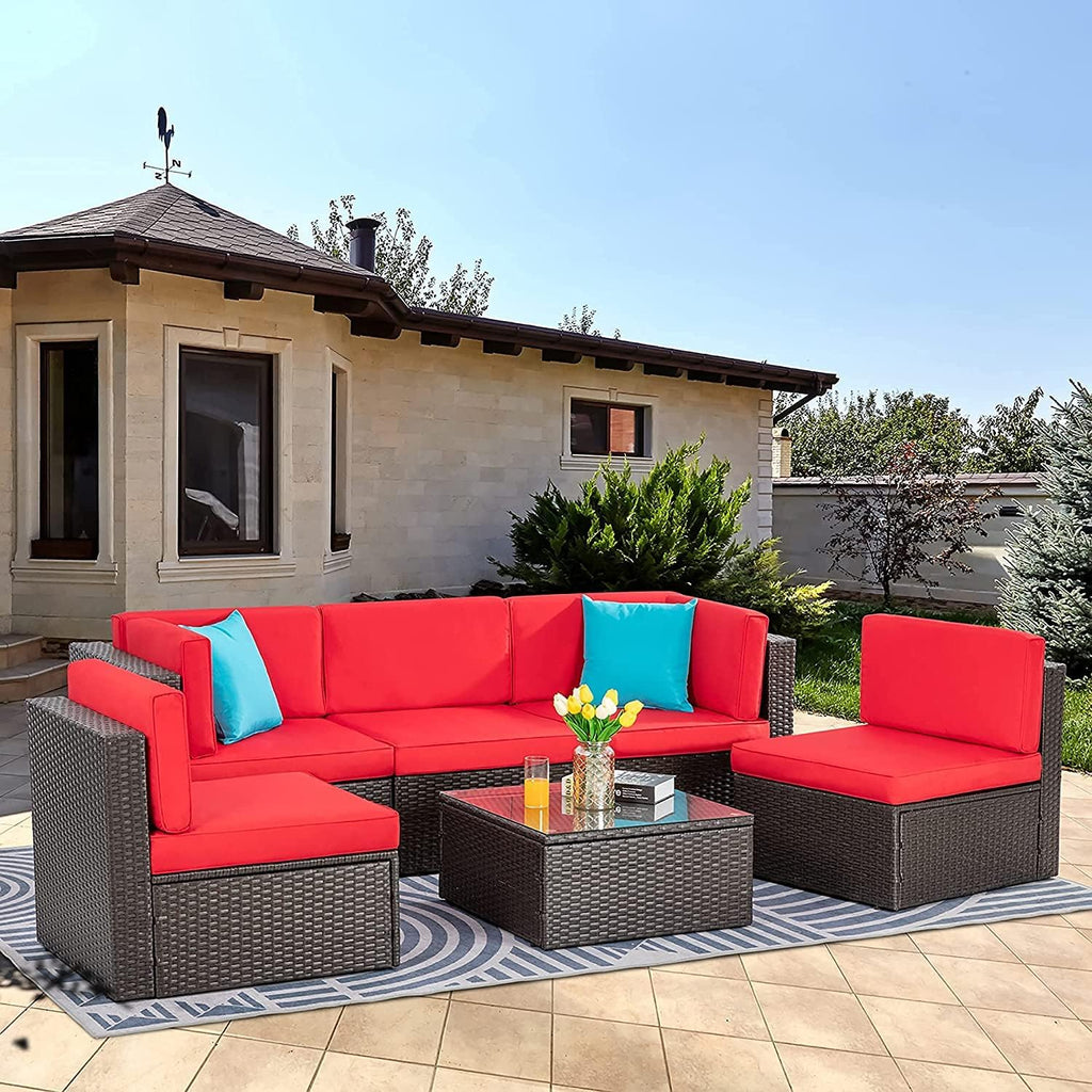 Vongrasig 5 Piece Patio Furniture Sets, Outdoor Patio Set Sectional Sofa, All-Weather PE Rattan Outdoor Couch with Ottoman, Glass Table for Garden, Backyard, Porch, Beige