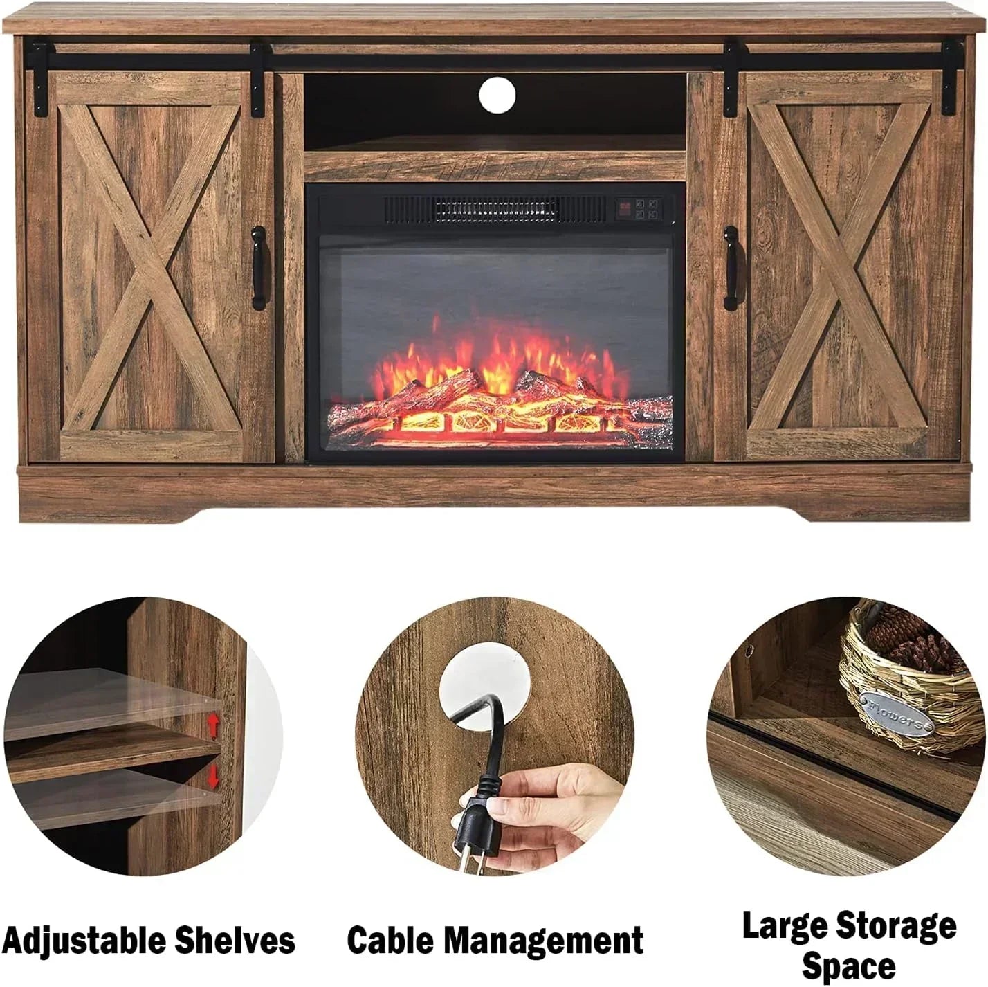 AMERLIFE Fireplace TV Stand with Sliding Barn Door  Farmhouse 63 Fireplace Entertainment Center