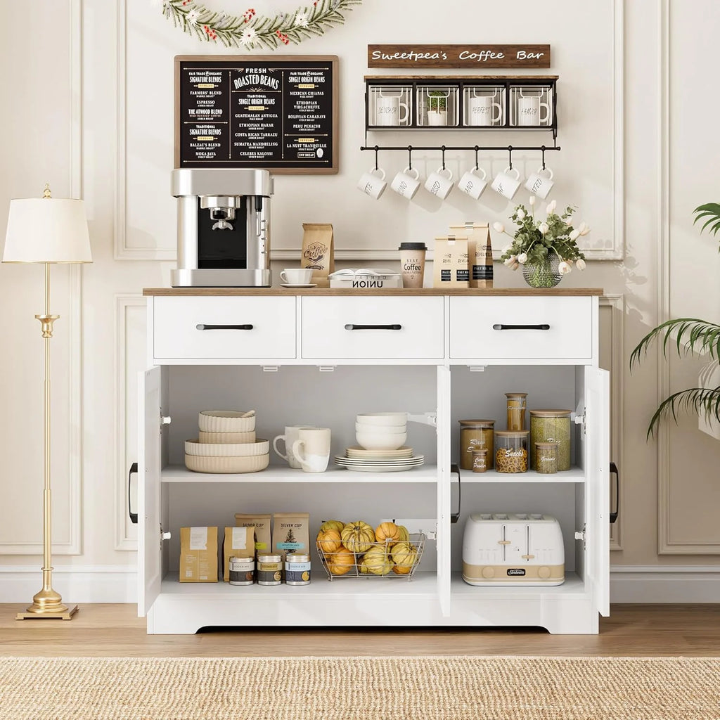 Modern farmhouse sideboard, barn door buffet storage cabinet with drawers and shelves, wooden coffee bar with storage