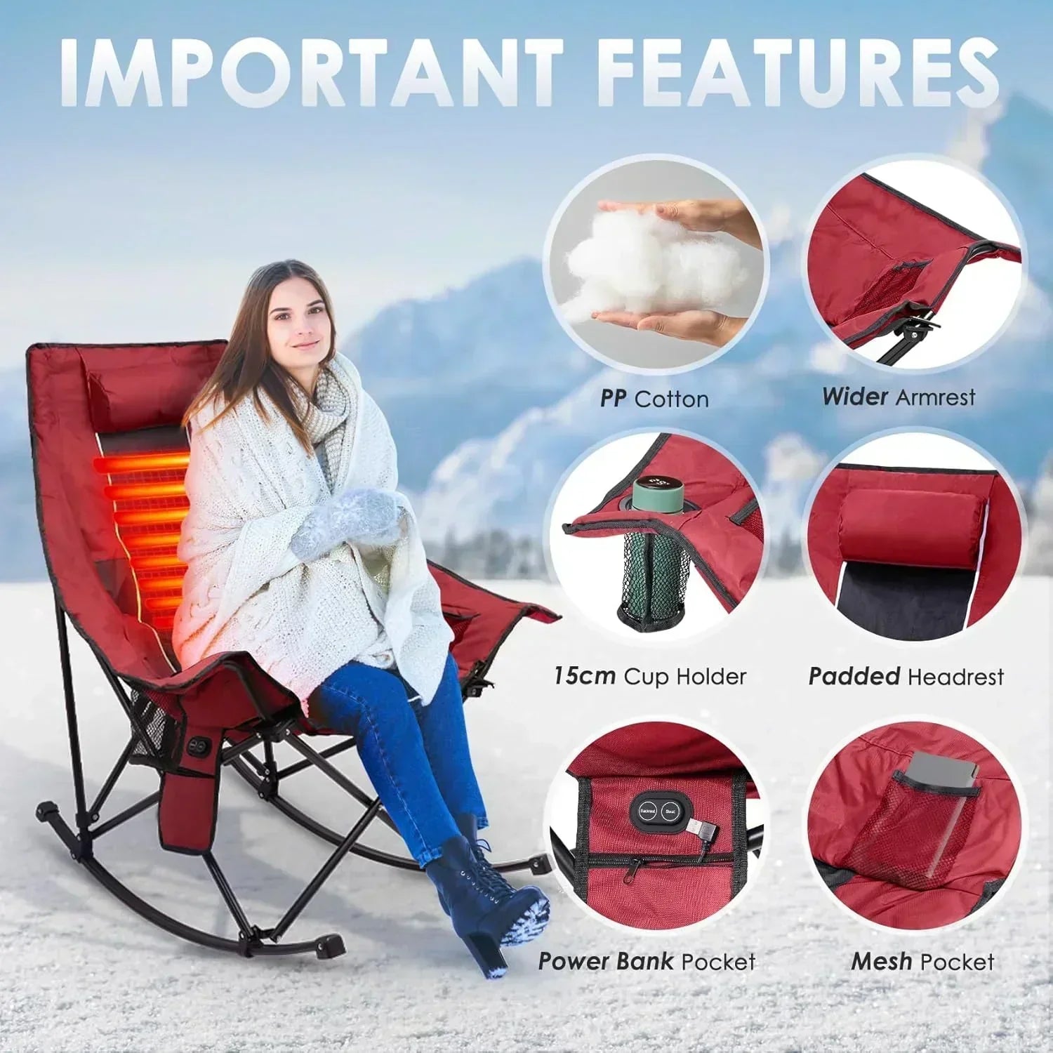 Heated Camping Chair Extra Large Heated Chair Outdoor Sports Chair with 3 Heat Levels on Back