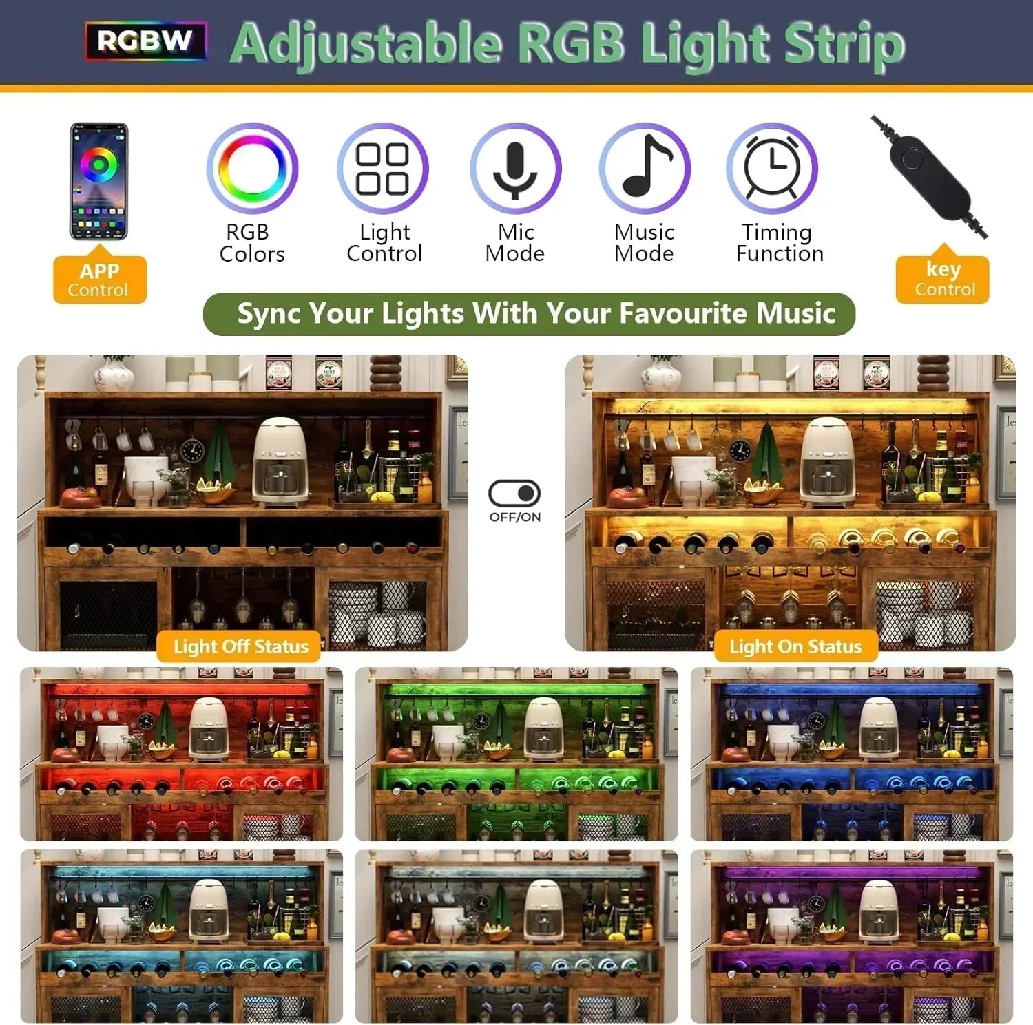 Wine Bar Cabinet with LED Light Liquor Cabinet with Glass Holder Coffee Bar for Liquor
