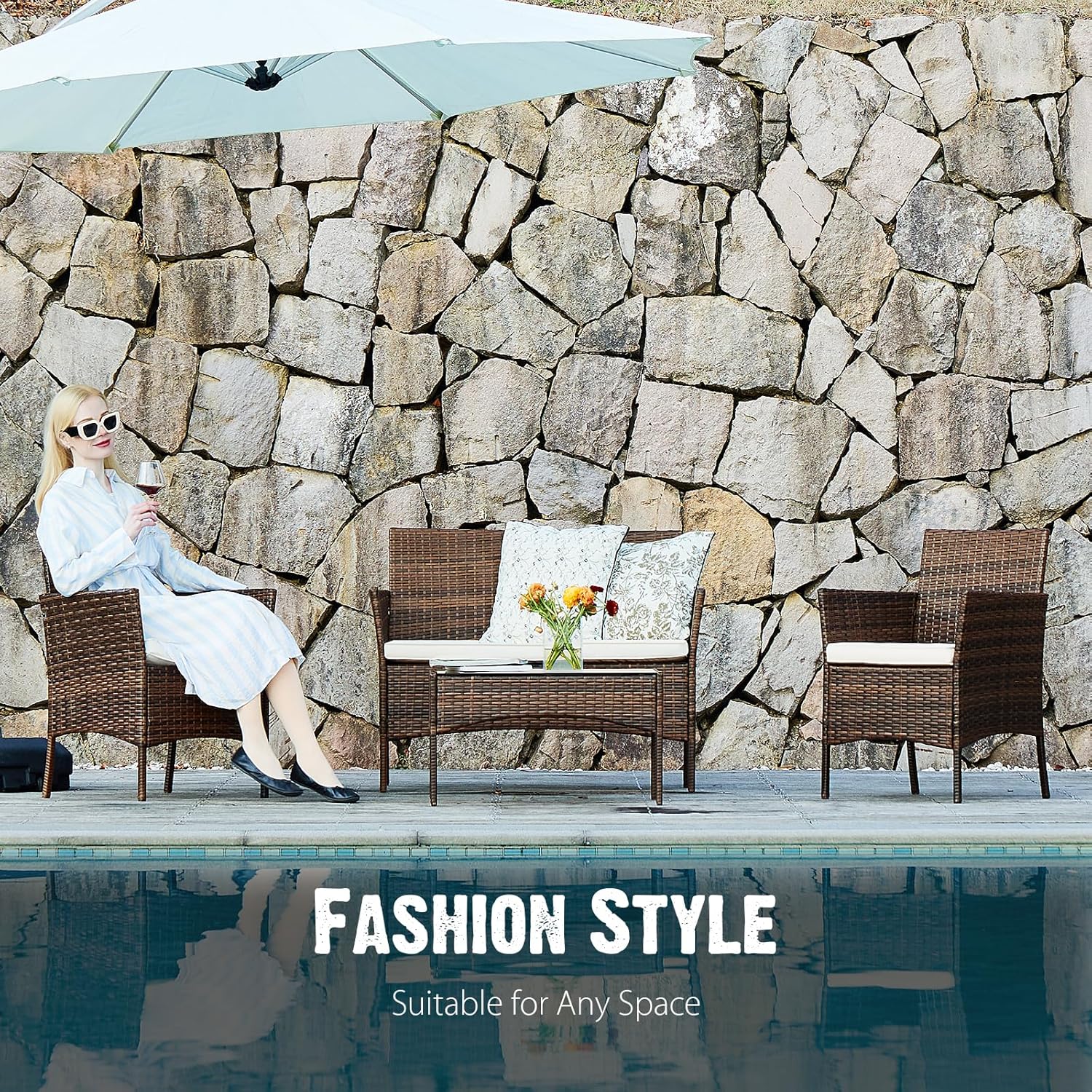Sweetcripy Patio Furniture Set 3 Pieces Outdoor Furniture with Soft Cushion and Glass Table