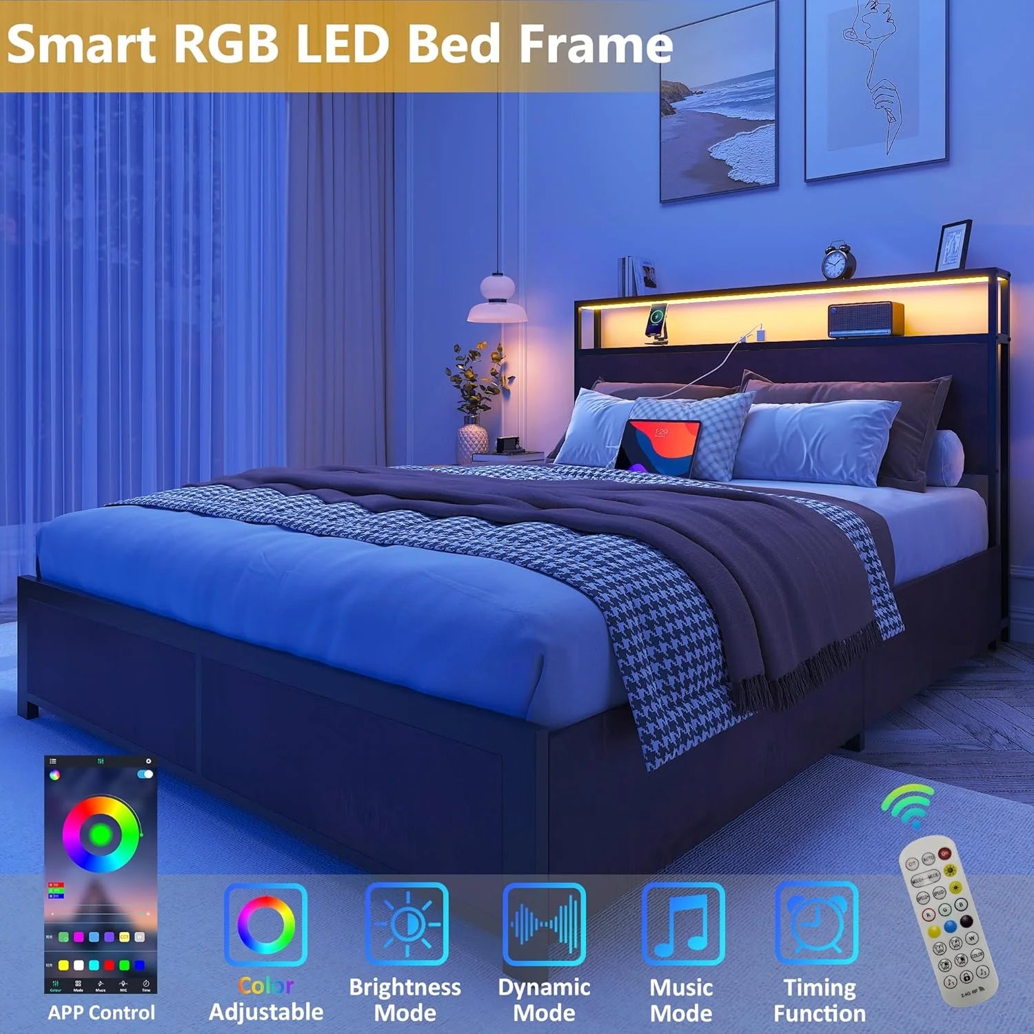 Lifezone Queen Bed Frame with 2-Tier Storage Headboard, Metal Platform Bed Frame with 4 Storage Drawers, Built in Charging Station & LED, Noise-Free/Metal Support/No Box Spring Needed