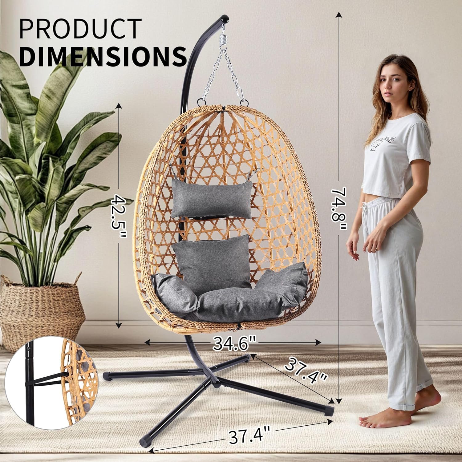 Egg Chair with Stand Patio Wicker Hanging Chair Hammock Swing Chair 350LBS Capacity for Bedroom